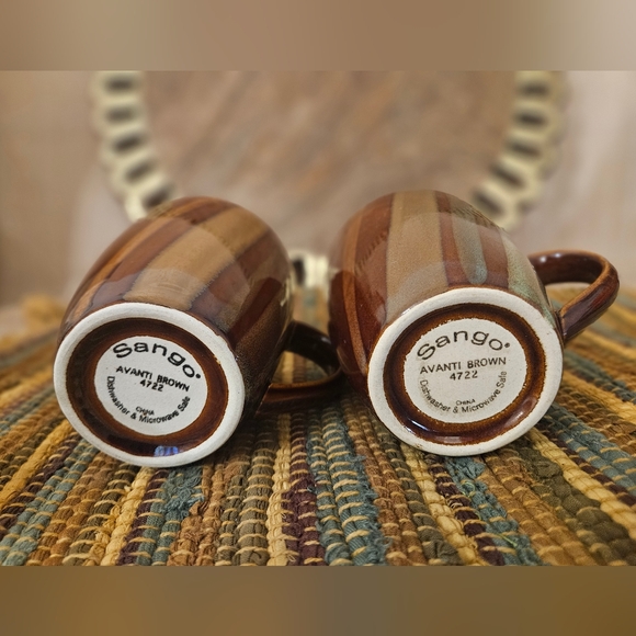 Lot Of 2 Sango Avanti Brown Coffee Cup Mug Stoneware Stripes Sand Retired 4722 - Picture 5 of 10